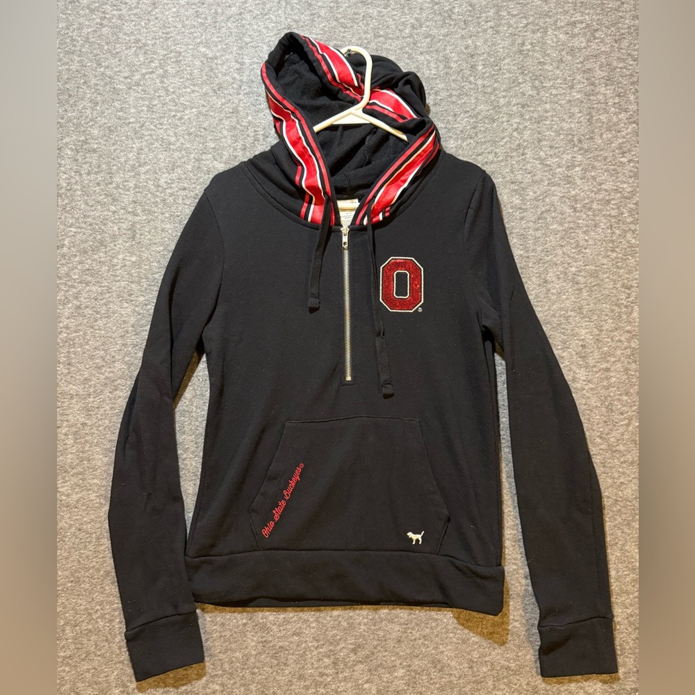 Pink Victorias Secret Ohio State Pullover Hoodie Womens S black red bling sequin